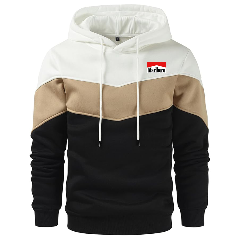 Men's Marlboro Gesean Novelty Color Block Pullover Fleece Hoodie Long Sleeve Casual Sweatshirt with Pocket