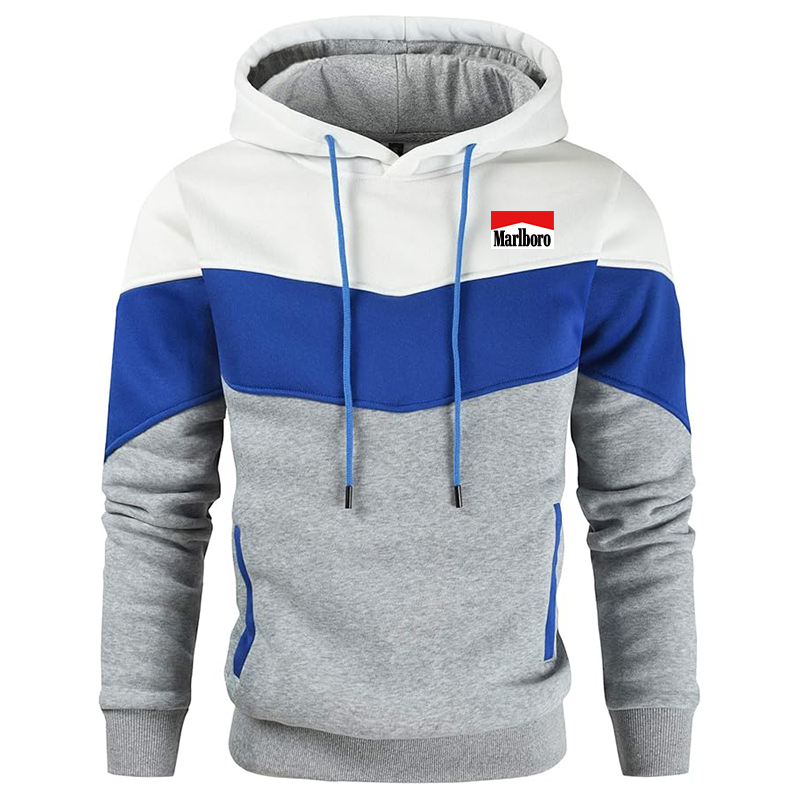 Men's Marlboro Gesean Novelty Color Block Pullover Fleece Hoodie Long Sleeve Casual Sweatshirt with Pocket