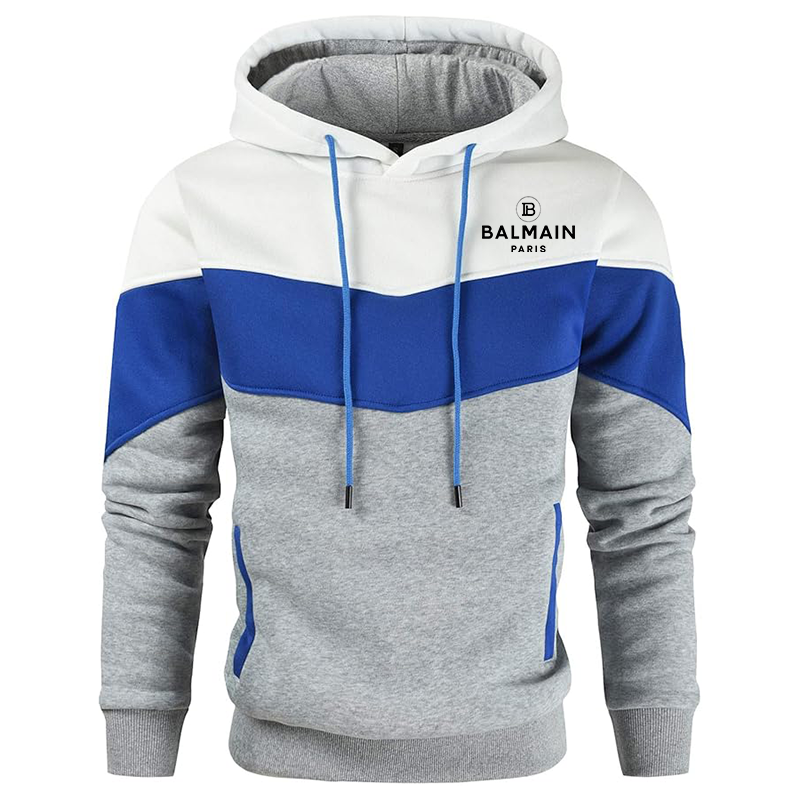 Men's Balmain Paris Gesean Novelty Color Block Pullover Fleece Hoodie Long Sleeve Casual Sweatshirt with Pocket