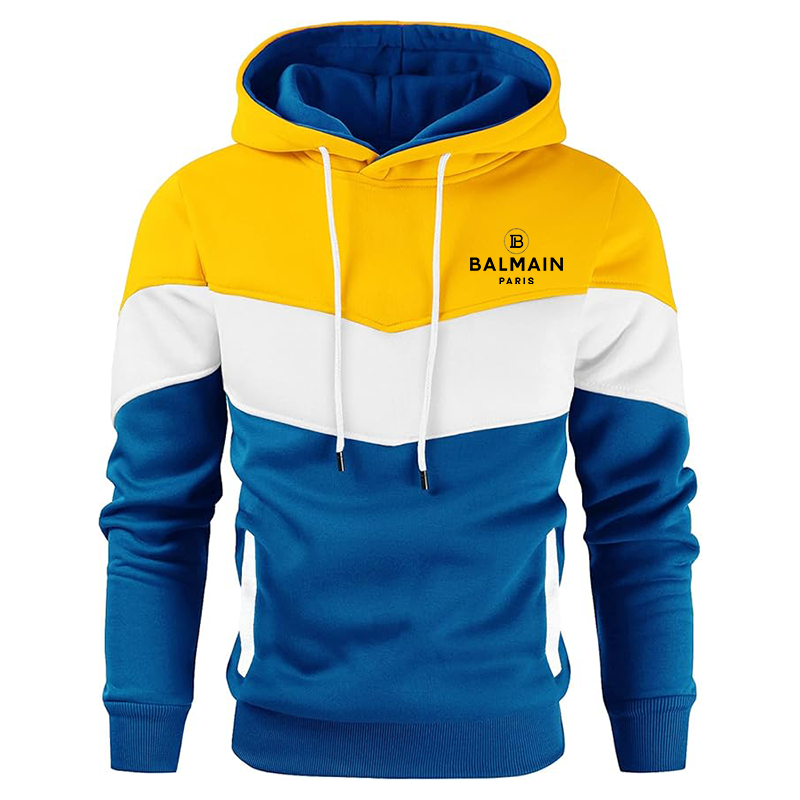 Men's Balmain Paris Gesean Novelty Color Block Pullover Fleece Hoodie Long Sleeve Casual Sweatshirt with Pocket