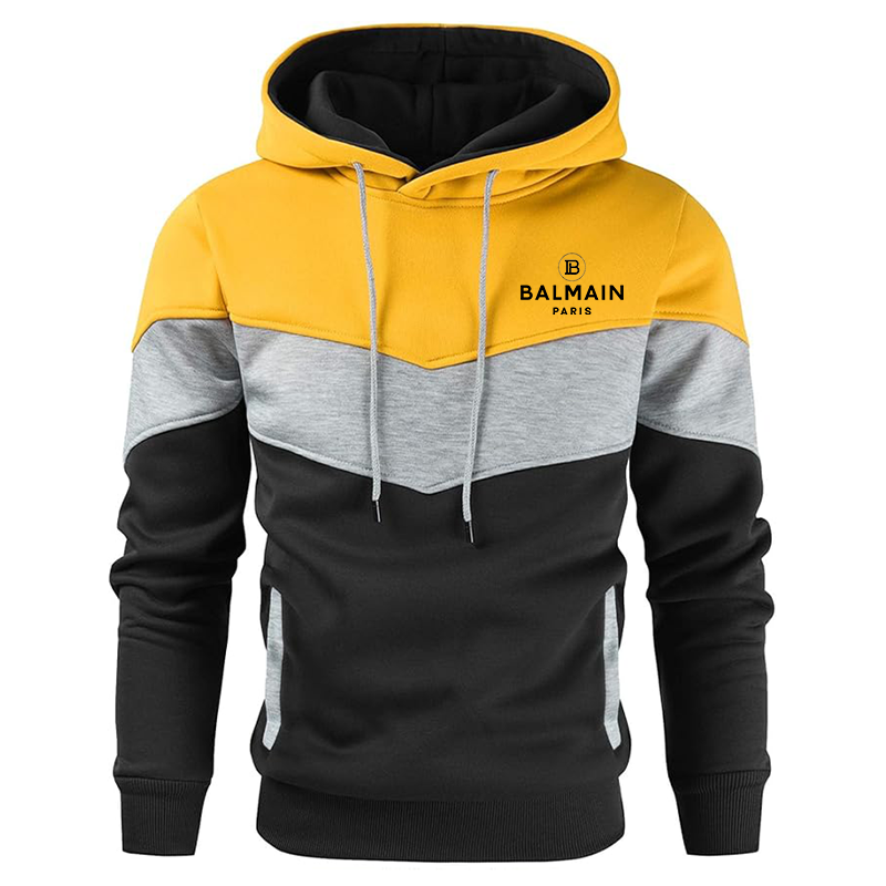 Men's Balmain Paris Gesean Novelty Color Block Pullover Fleece Hoodie Long Sleeve Casual Sweatshirt with Pocket