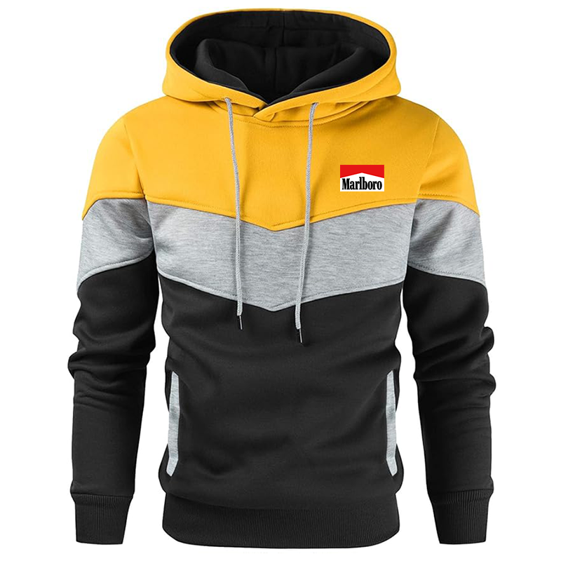 Men's Marlboro Gesean Novelty Color Block Pullover Fleece Hoodie Long Sleeve Casual Sweatshirt with Pocket